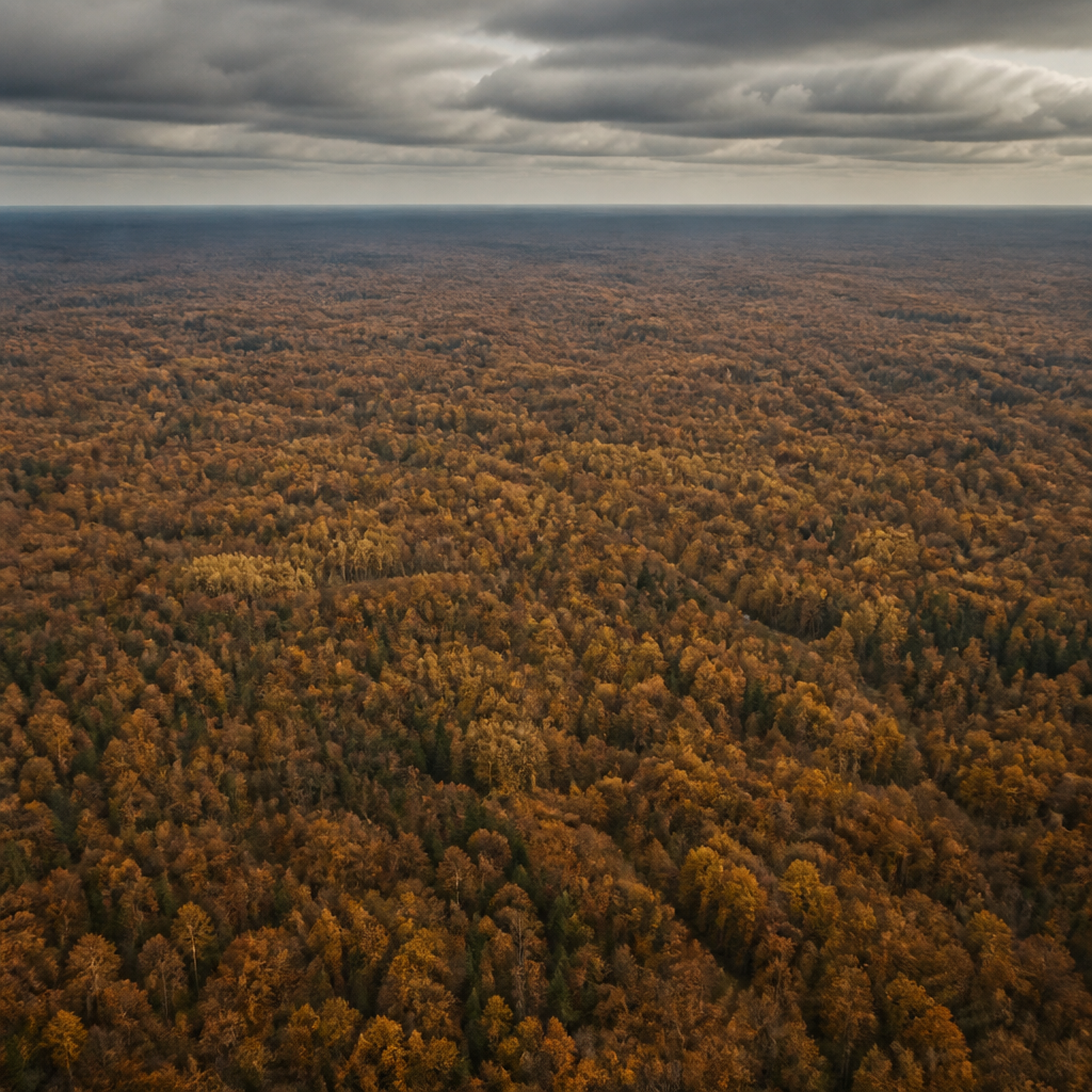 Puszcza Białowieska z powietrza pokryta jesiennym dywanem liści