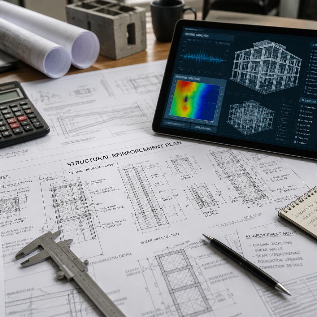 Plans techniques de renforcement parasismique et données d'analyse sismique sur un bureau