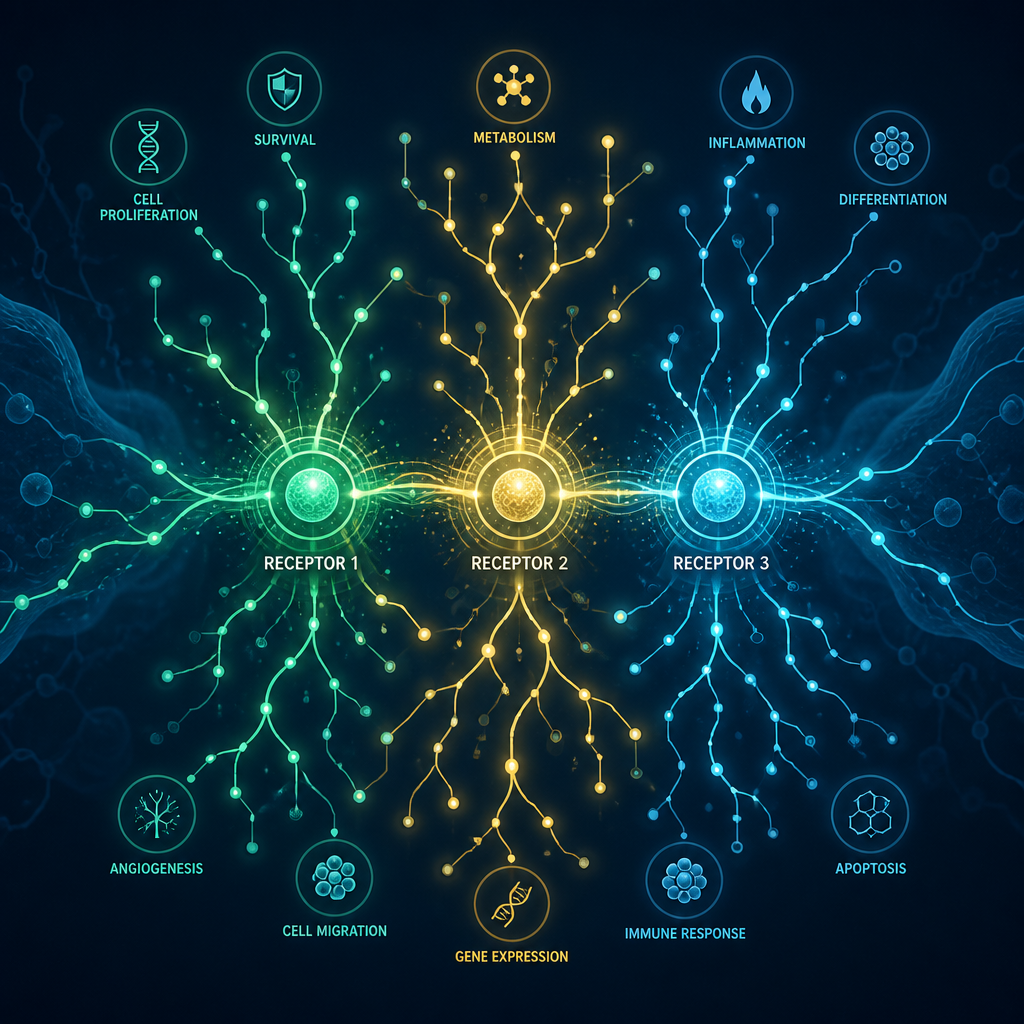Abstract visualization of interconnected metabolic pathways with three central activation points