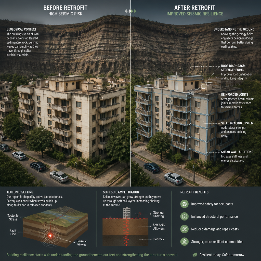 Vue aérienne d'un bâtiment existant avec contexte géologique et éléments de renforcement