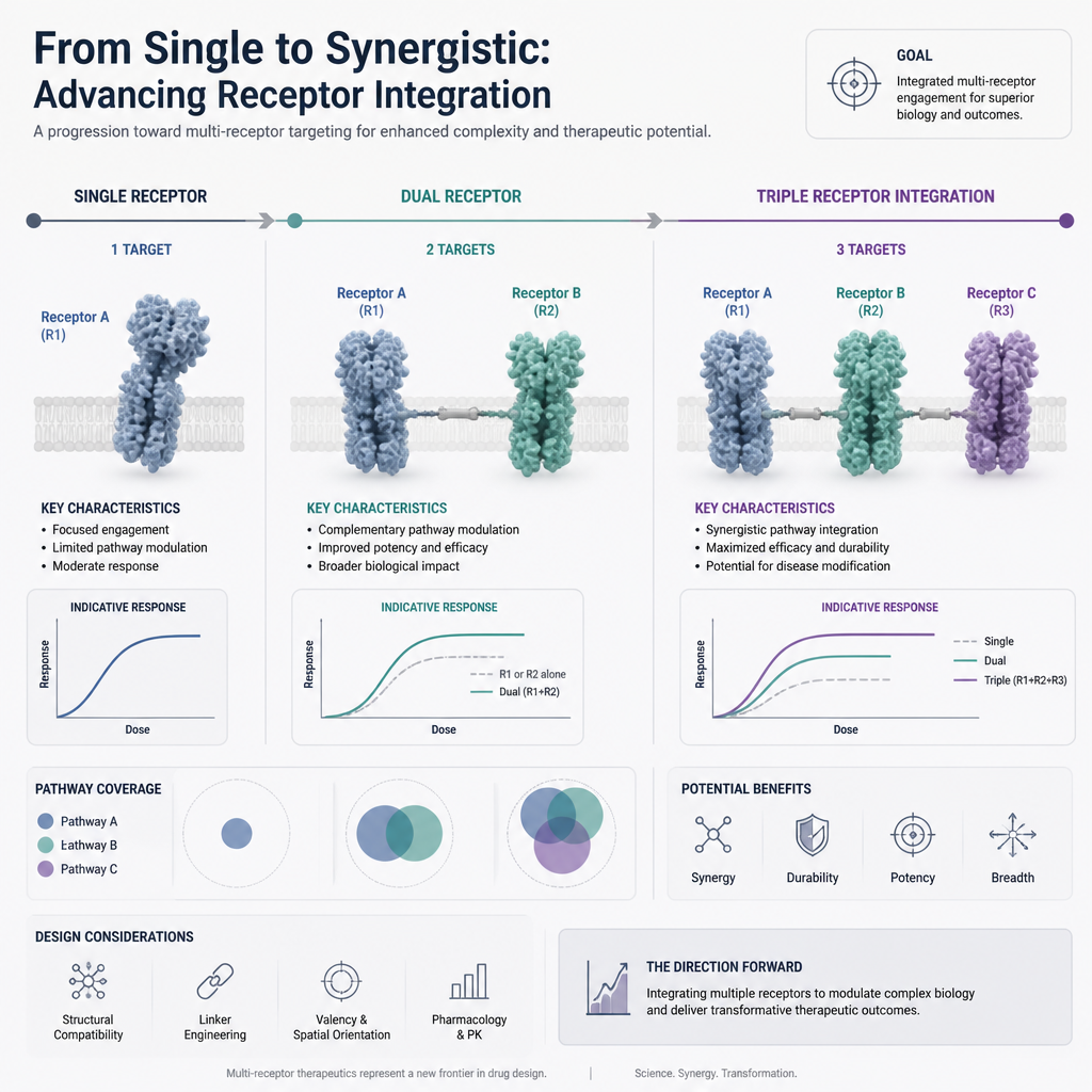 Timeline-style comparison showing evolution from single to triple receptor agonist research