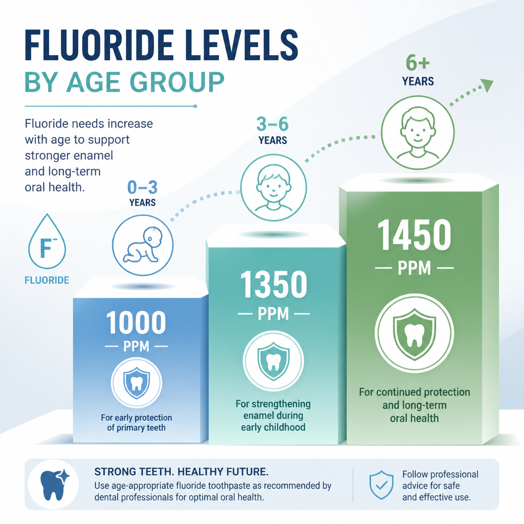 Visual guide showing recommended fluoride toothpaste levels increasing by child age stages