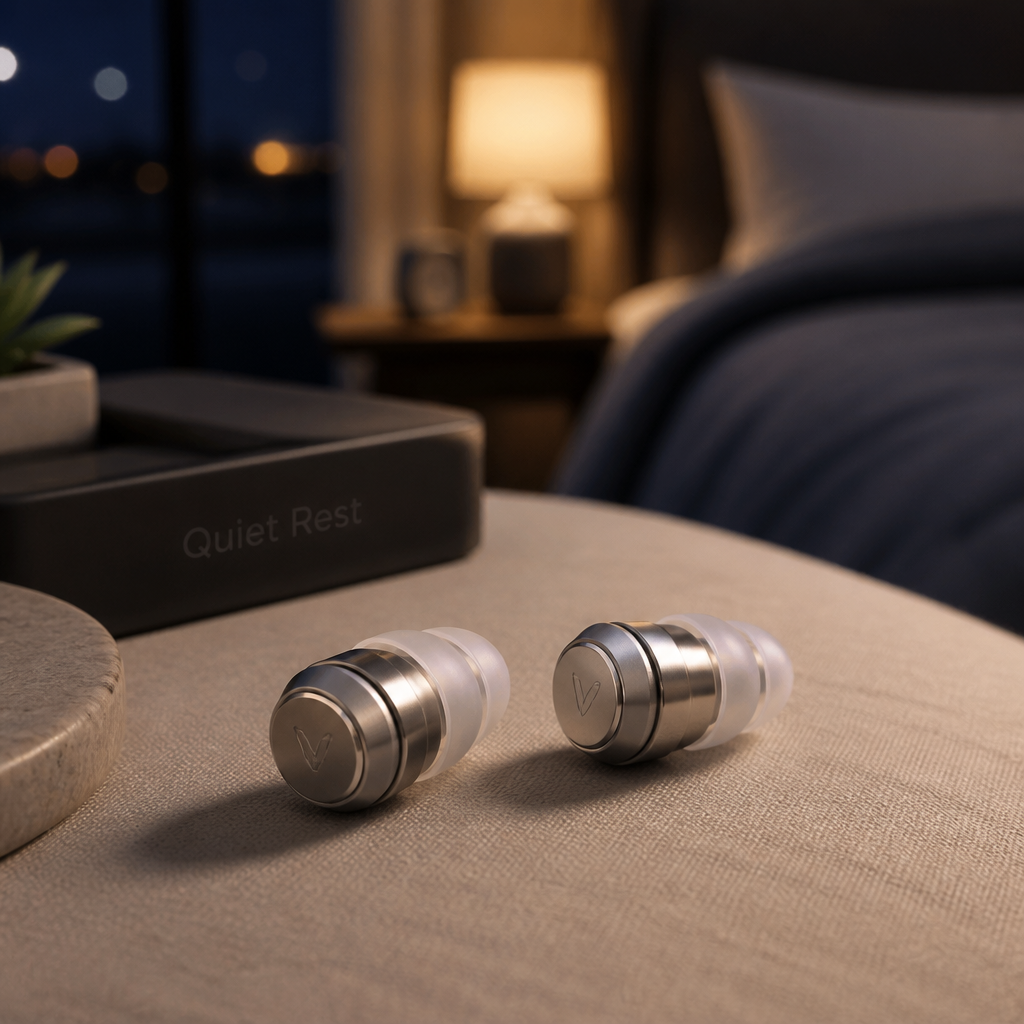 Reusable metal earplugs on a bedside table in a dimly lit bedroom