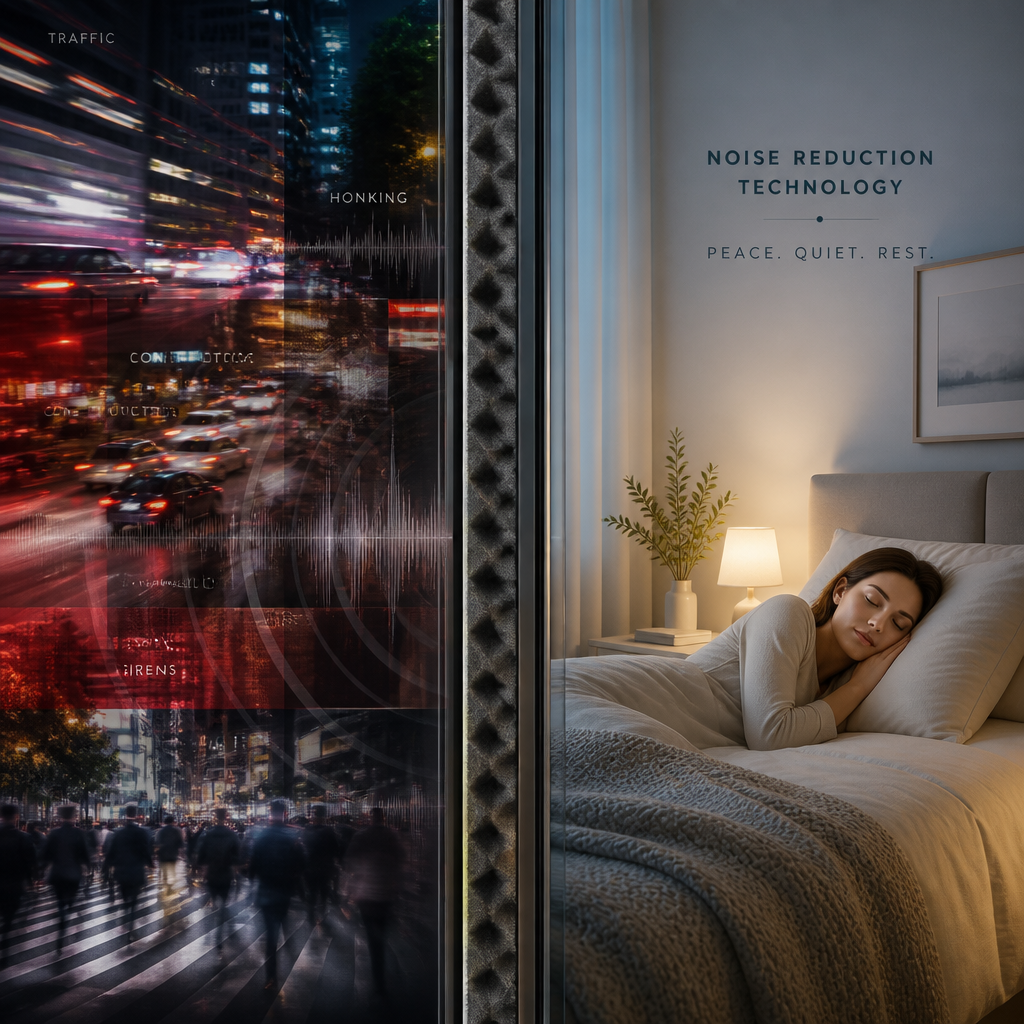 Conceptual split-screen showing noise disturbance transitioning to peaceful sleep