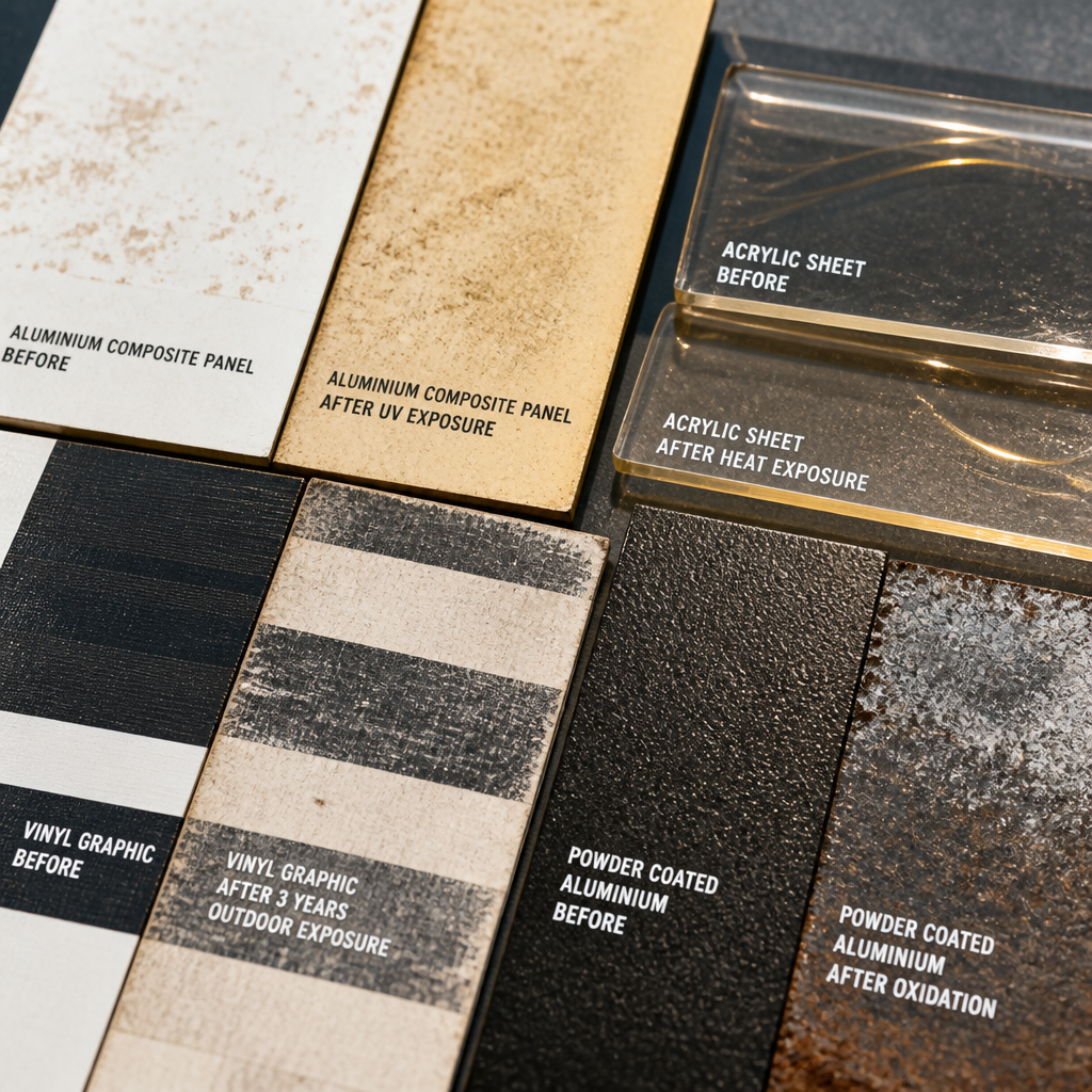 Material samples showing UV damage and weathering effects on outdoor signage substrates