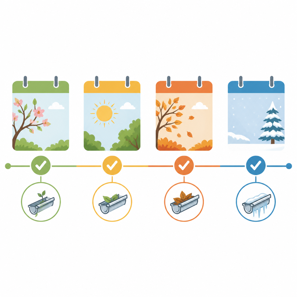Seasonal timeline graphic showing gutter maintenance schedule throughout the year