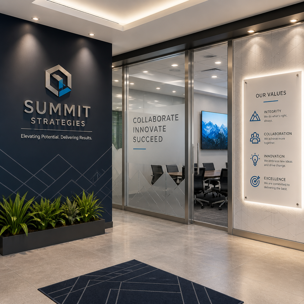 Modern corporate lobby interior with precisely finished indoor signage materials and lighting