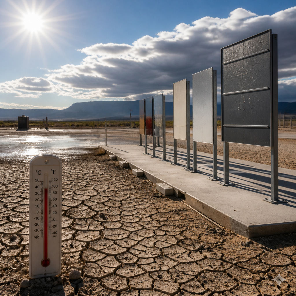 Extreme outdoor weather conditions showing UV exposure, heat, and hail damage to signage surfaces