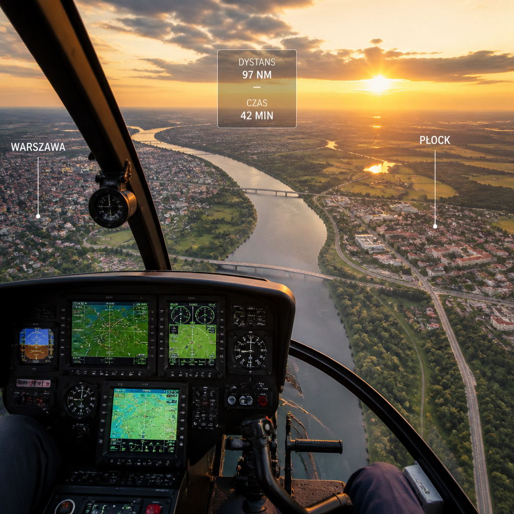 Widok z lotu helikoptera nad krajobrazem Polski z miastami poniżej