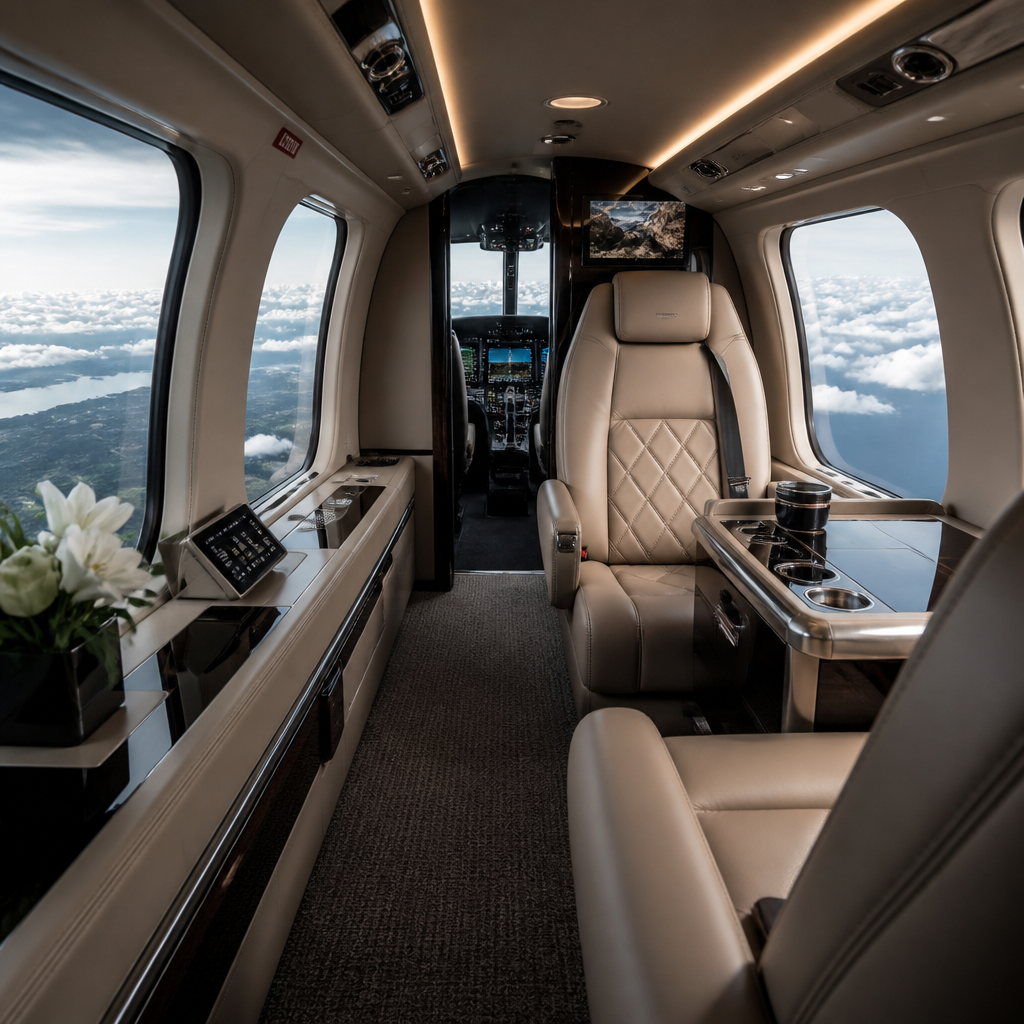 Wnętrze luksusowego helikoptera z wygodnym salonem dla pasażerów VIP