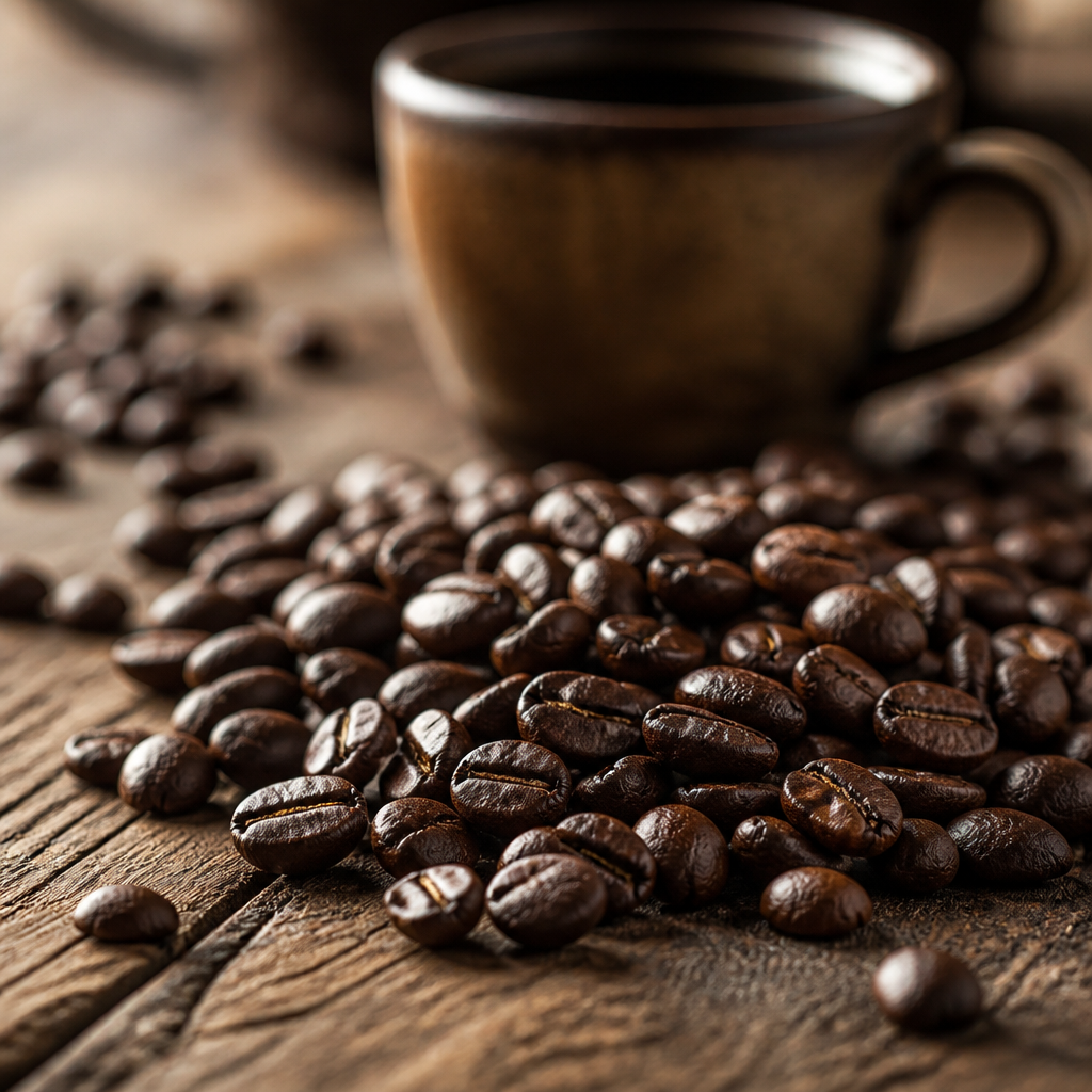 Dark roasted coffee beans on wooden surface with warm lighting