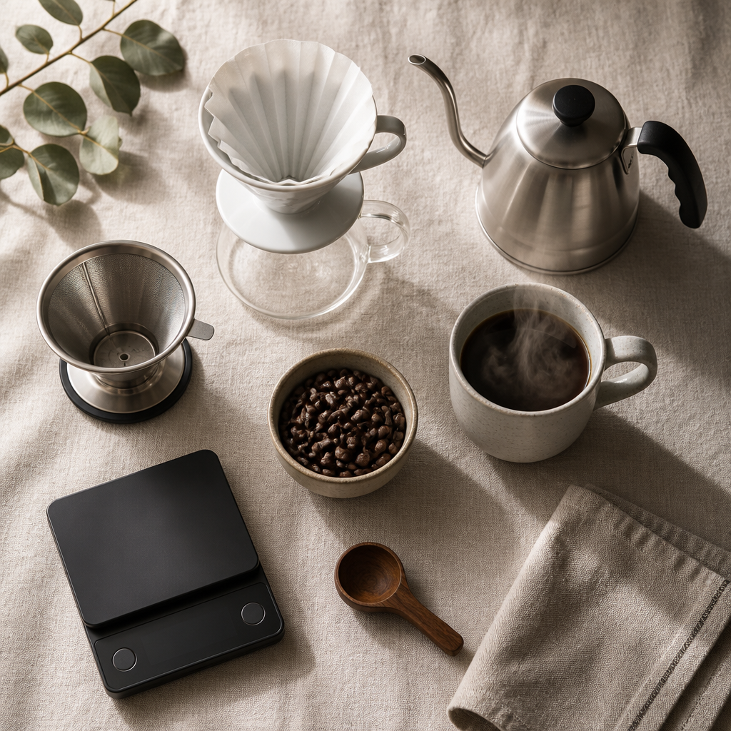 Coffee brewing setup with dark roasted beans and pour-over equipment