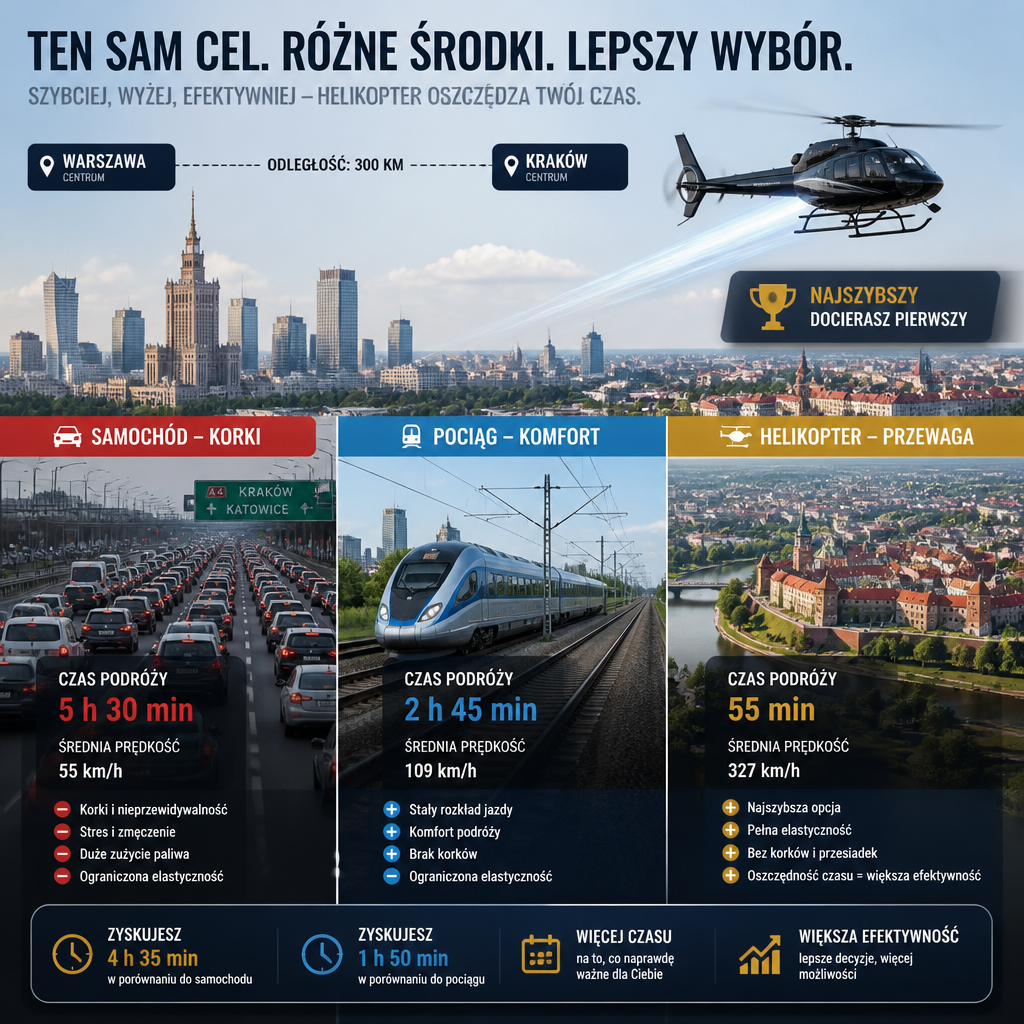 Porównanie transportu: samochód w korku, pociąg i helikopter lecący ponad nimi