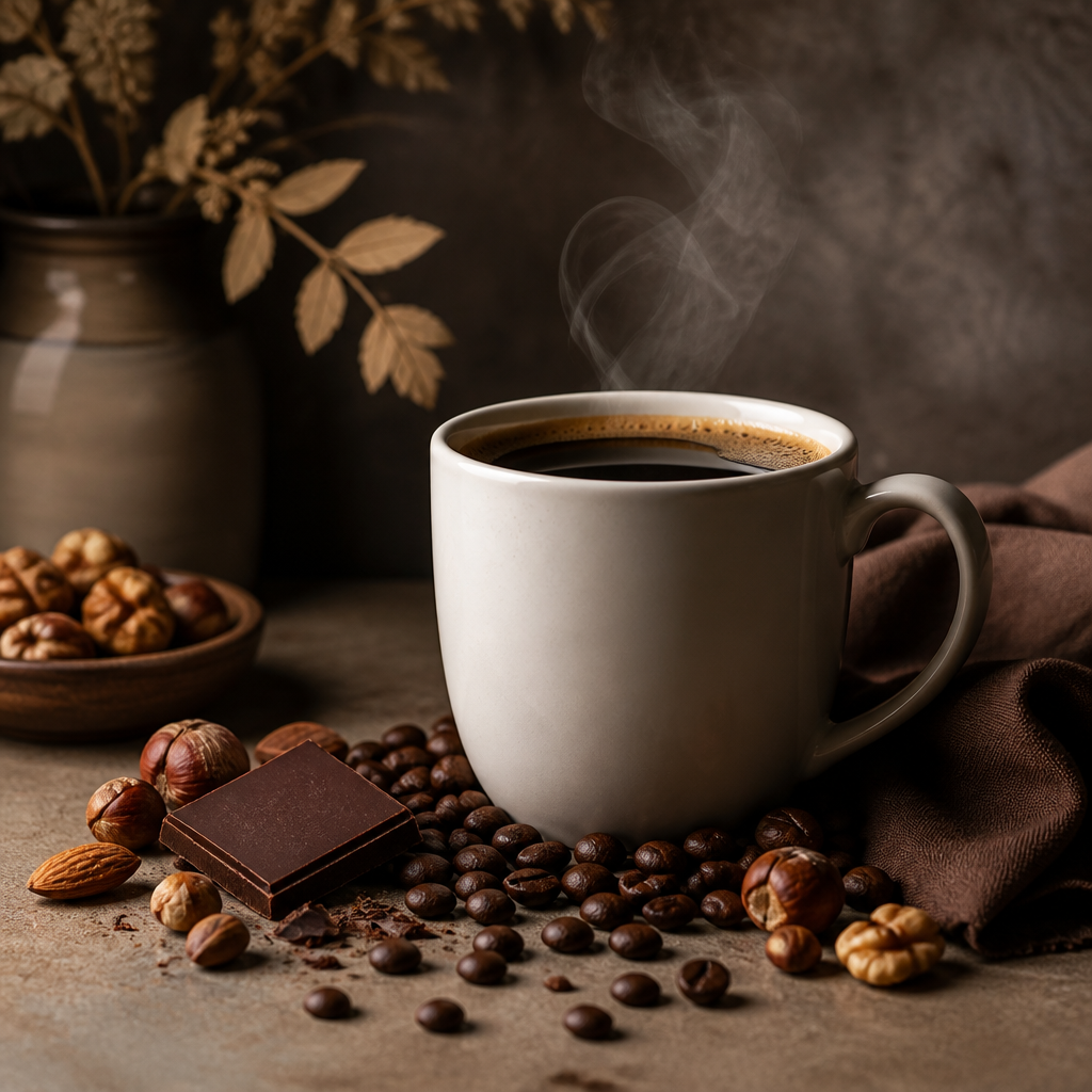 Cup of dark roast coffee with chocolate and nuts representing flavor profile
