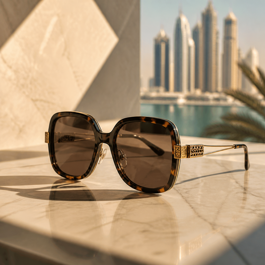 Oversized tortoiseshell and gold sunglasses on marble surface with Dubai skyline
