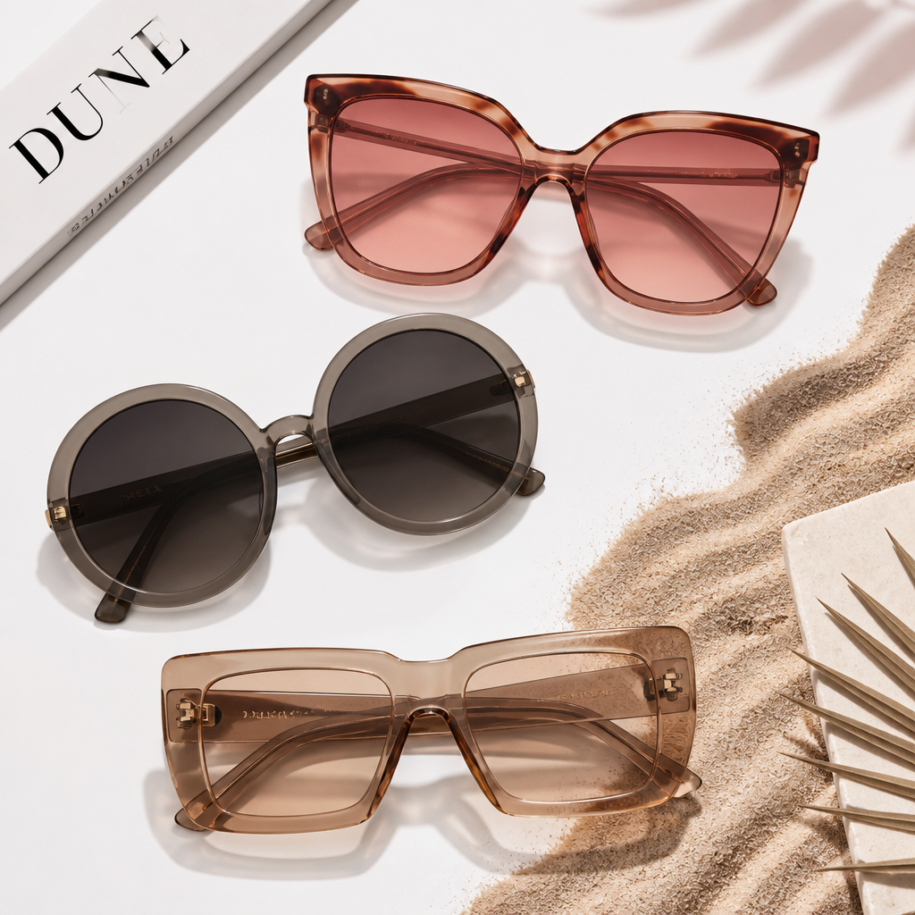 Three oversized sunglasses styles displayed in flat lay arrangement with different lens colors