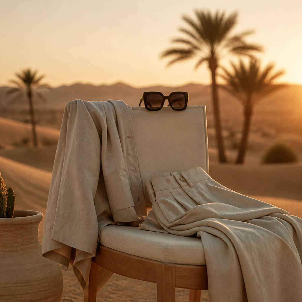 Neutral linen outfit with black oversized sunglasses in desert setting at sunset