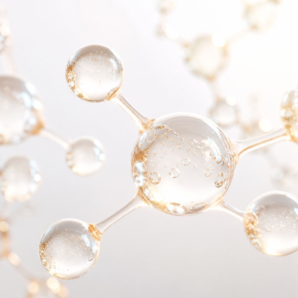 Hyaluronic acid molecule structure with glowing spheres and light trails