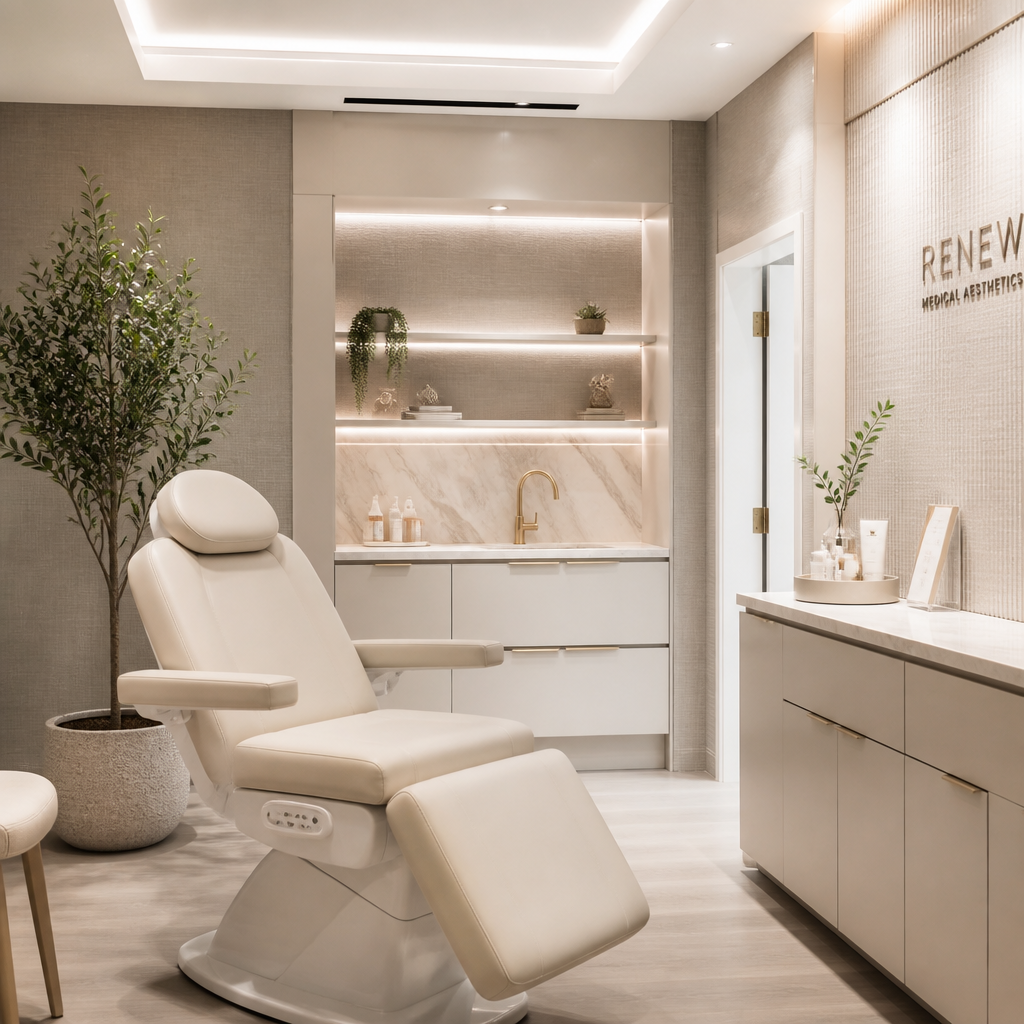 Modern medispa consultation room with soft lighting and comfortable seating