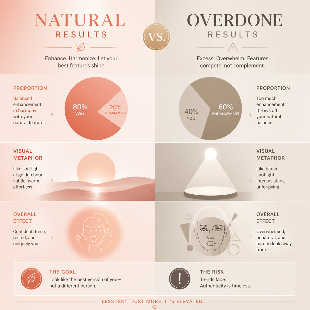 Split-screen visual comparison diagram of natural versus overdone filler proportions