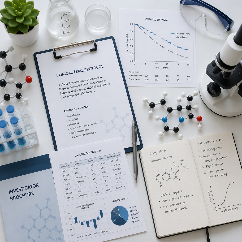 Clinical research materials and trial documentation arranged in organized flat-lay composition