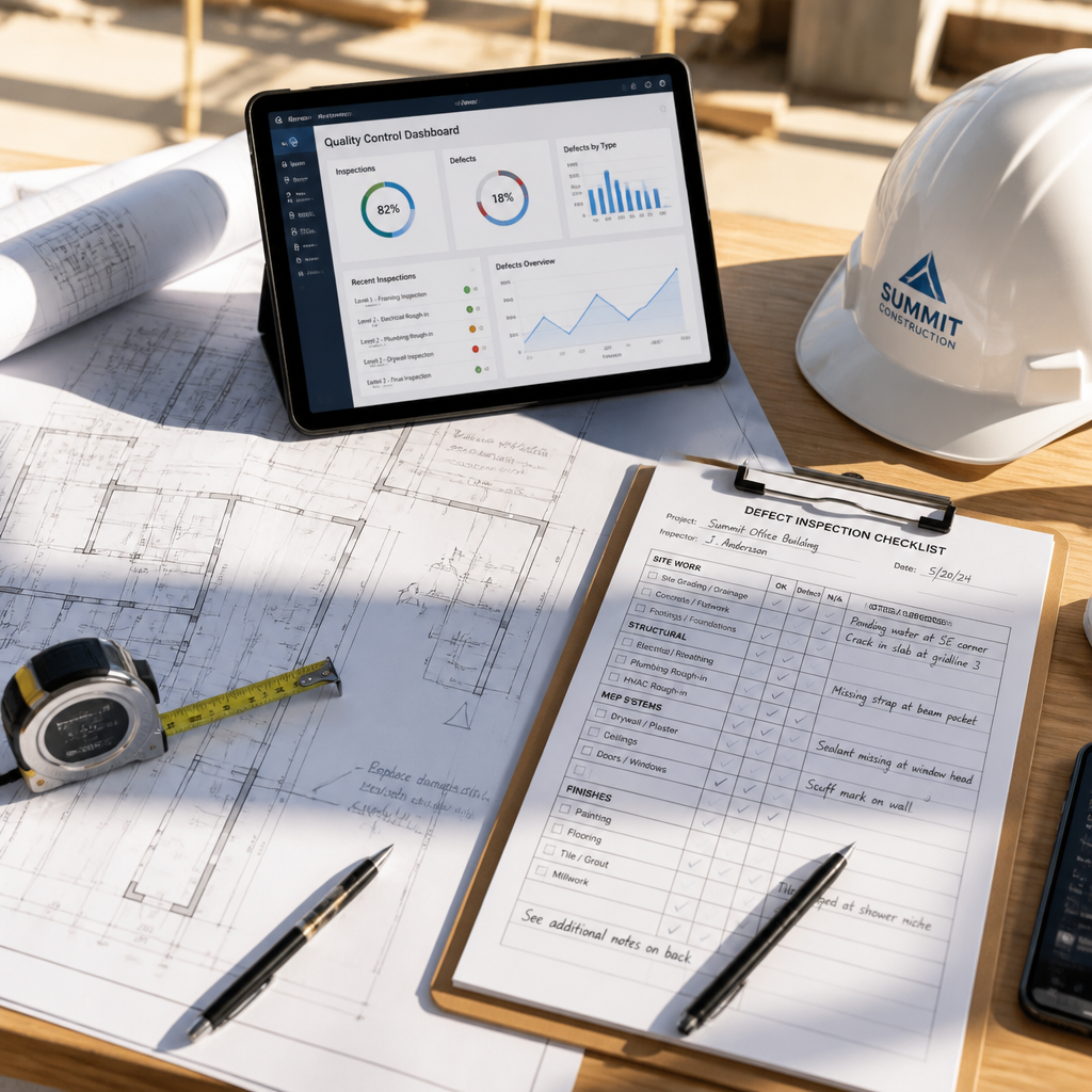 Builder's desk with inspection documents, blueprint, and quality control dashboard