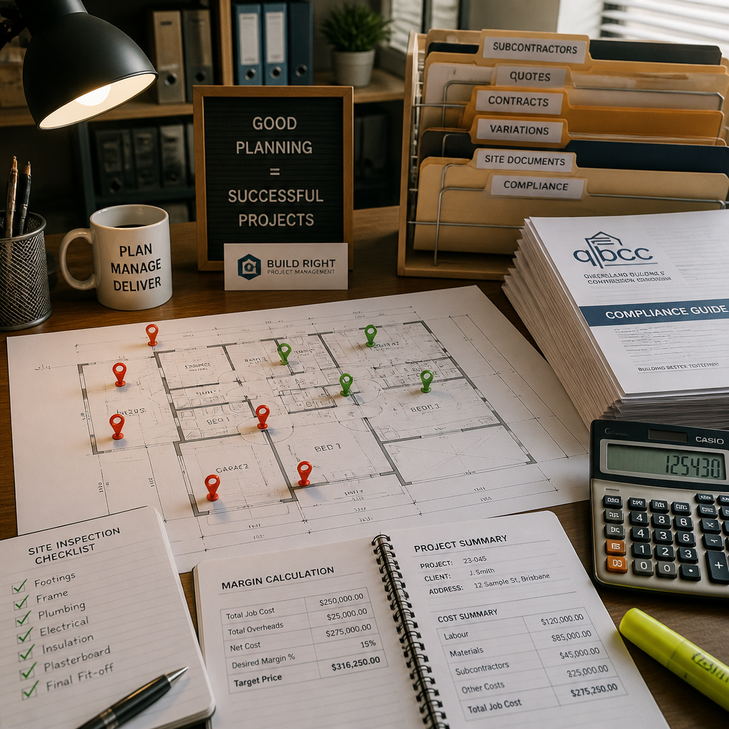 Organized construction office workspace with project plans, inspection markers, and compliance documentation
