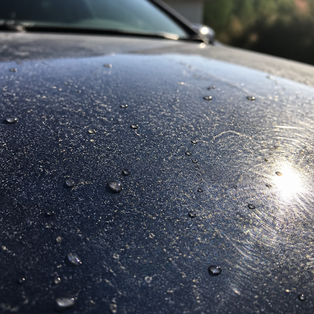 Close-up of car paint surface showing contamination and mineral buildup causing dull appearance