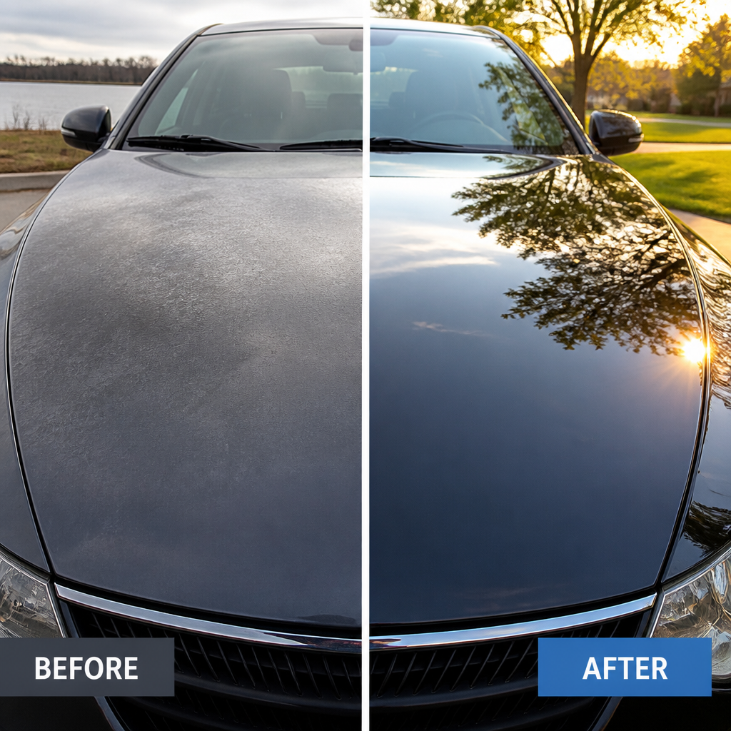 Split-frame comparison showing dull car paint before and glossy restored finish after maintenance detail