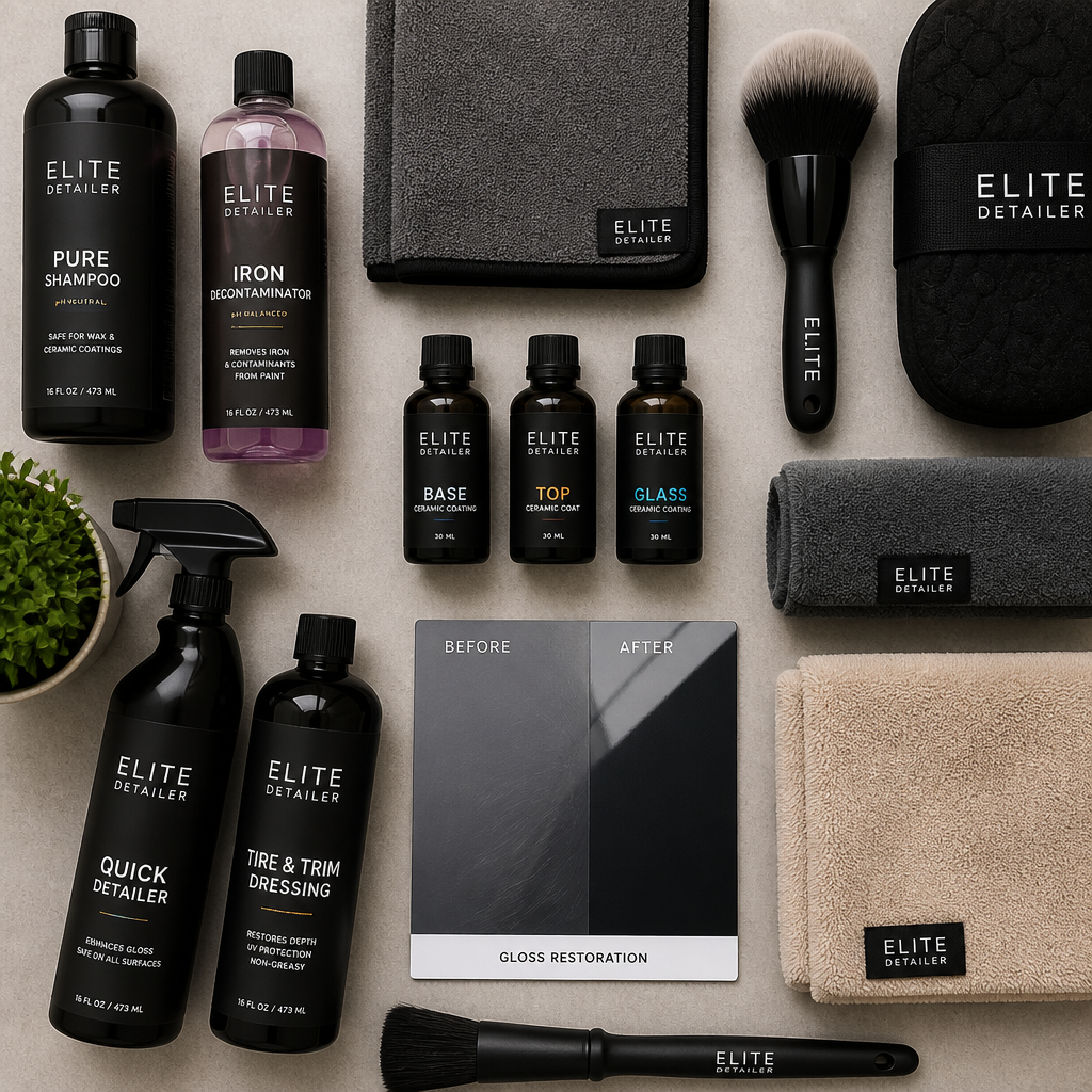 Flat-lay arrangement of car detailing products and maintenance supplies for gloss restoration
