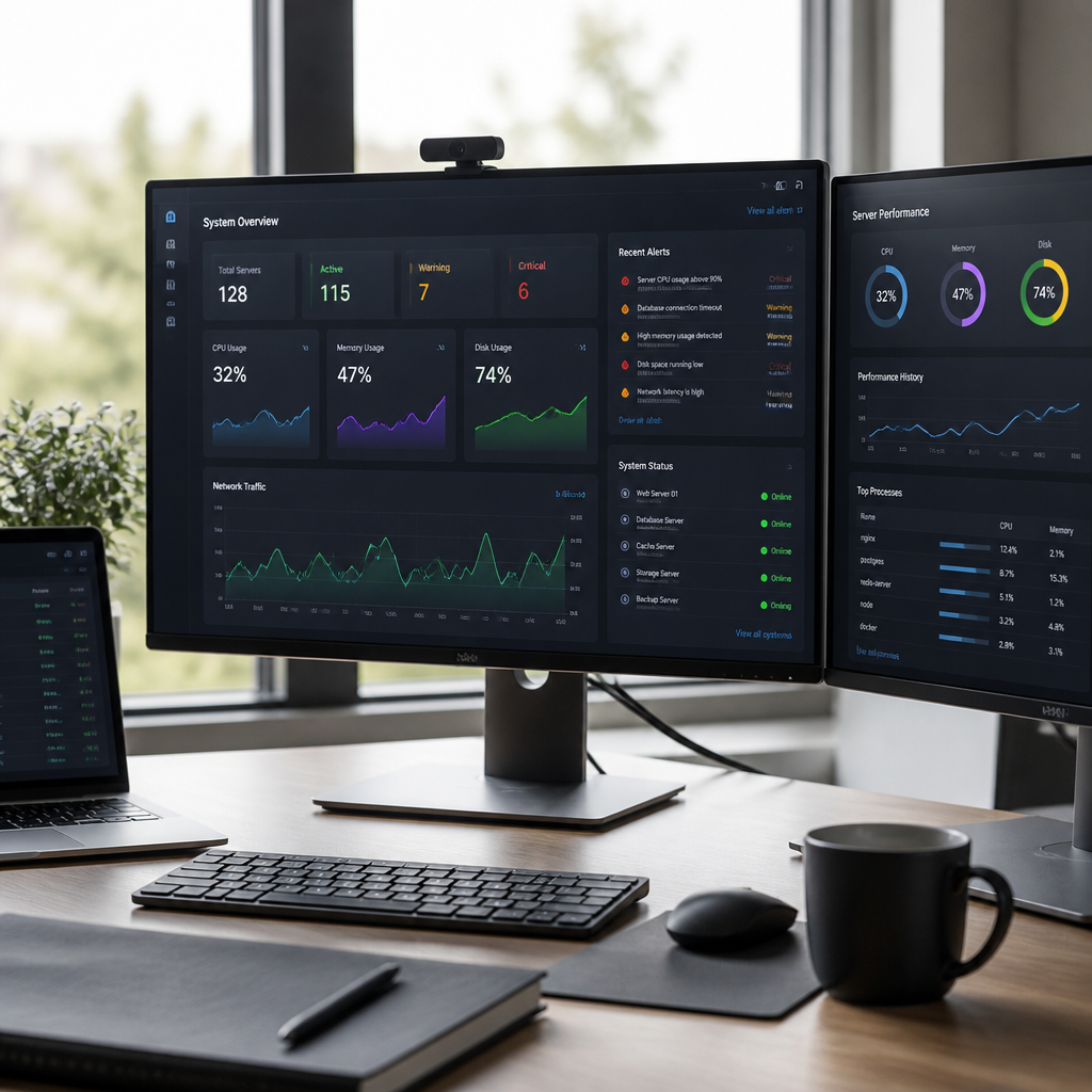 Computer workstation with multiple monitors showing IT system dashboards and analytics