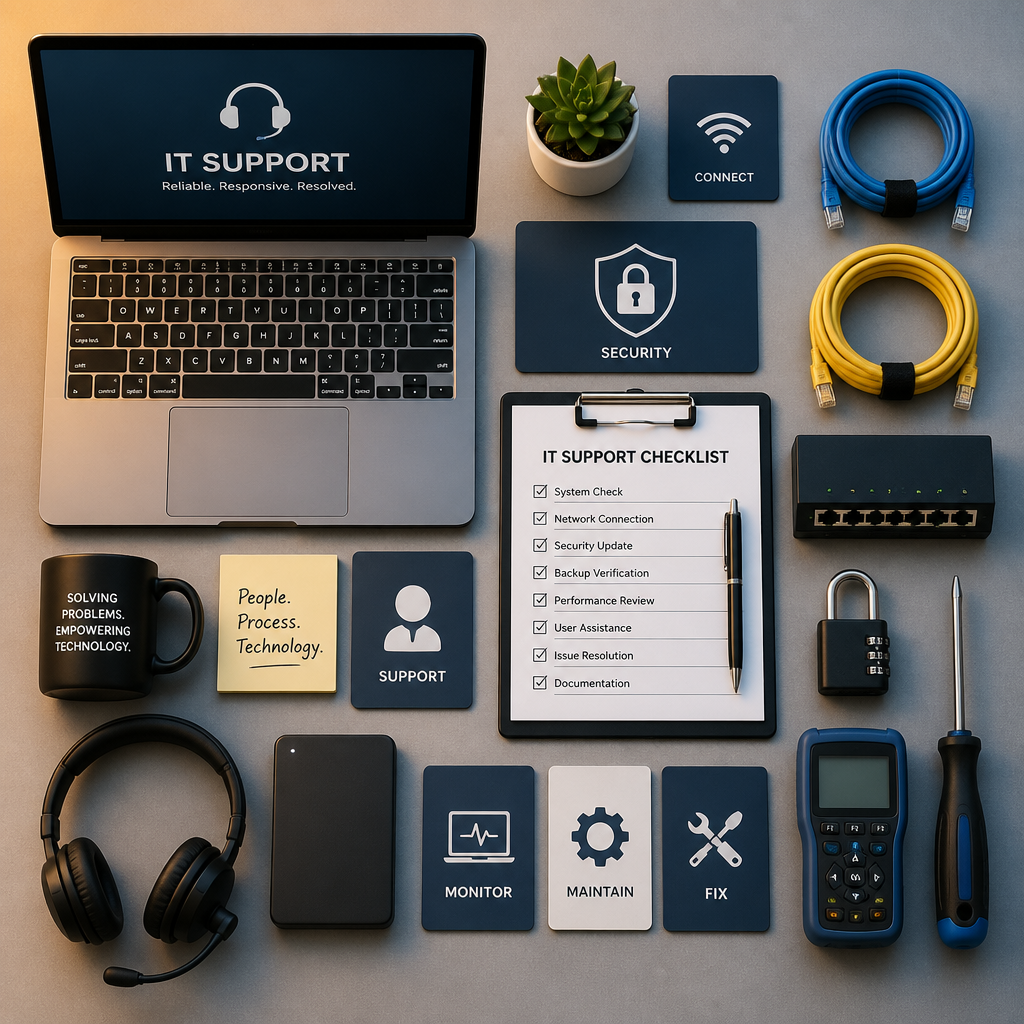 Flat lay of IT support tools and security elements arranged on a professional background