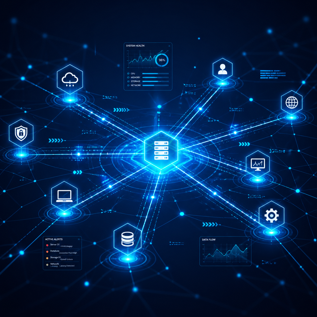 Abstract digital network visualization showing connected data nodes and system infrastructure
