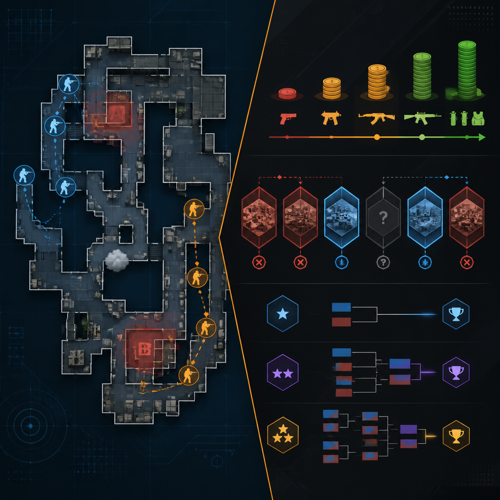 Abstract infographic showing CS2 game strategy layers and match format variations