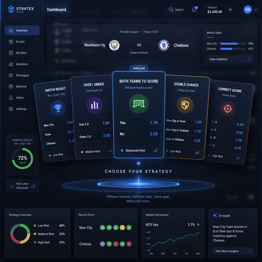 Modern betting dashboard interface displaying multiple market options and wager types