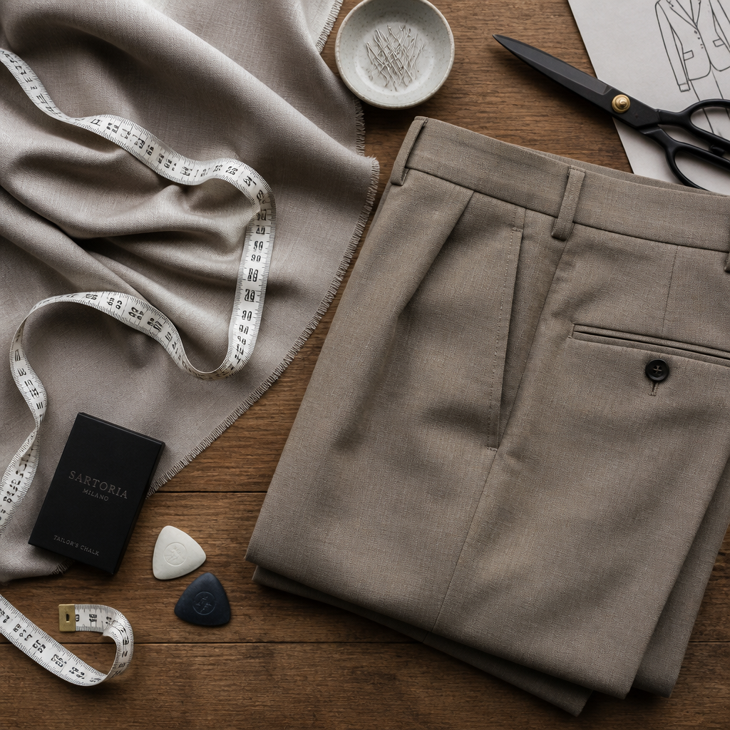 Tailor's measuring tools and trousers on a work surface