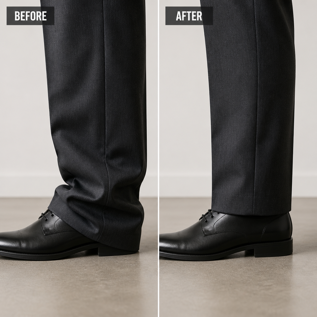 Comparison of poorly hemmed versus correctly hemmed pant legs