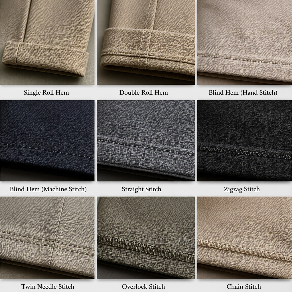 Details of various professional pant hemming stitch types