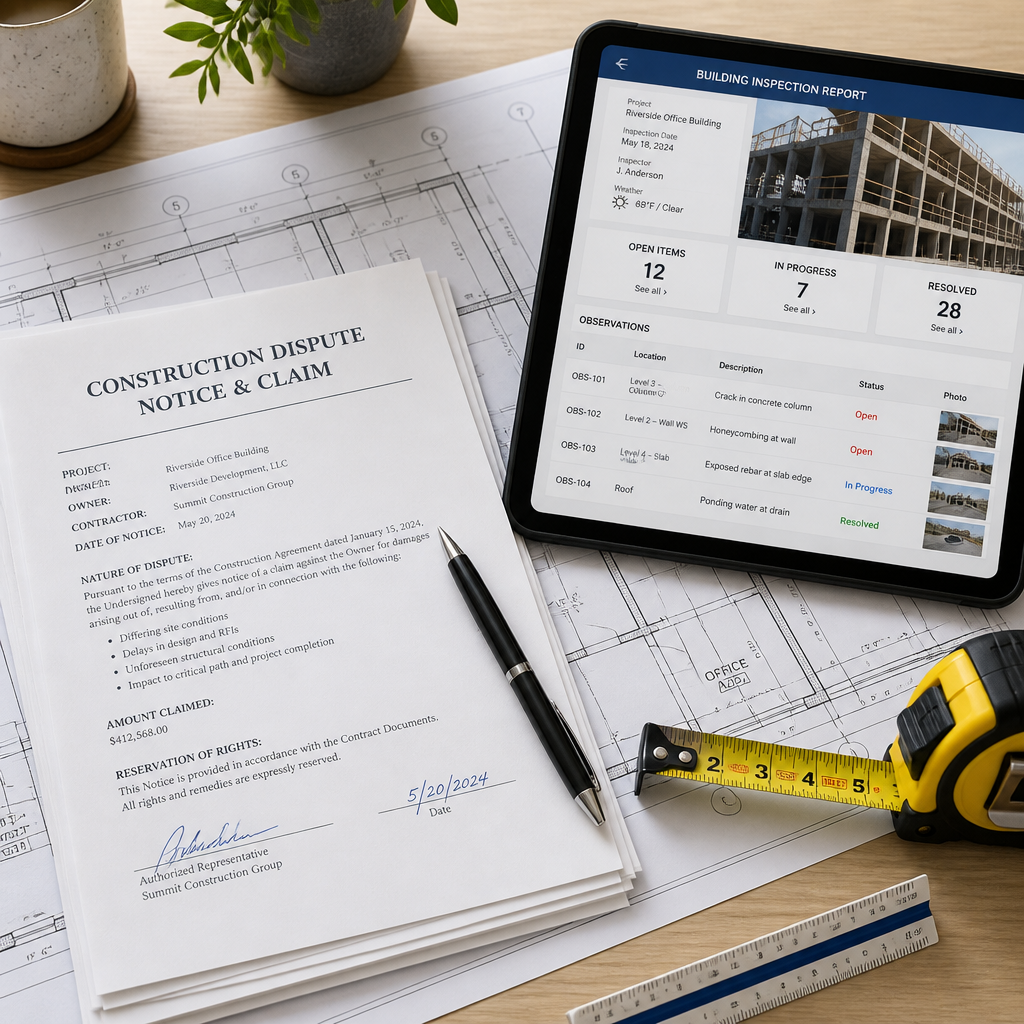 Documents et outils d'inspection bâtiment sur un bureau professionnel