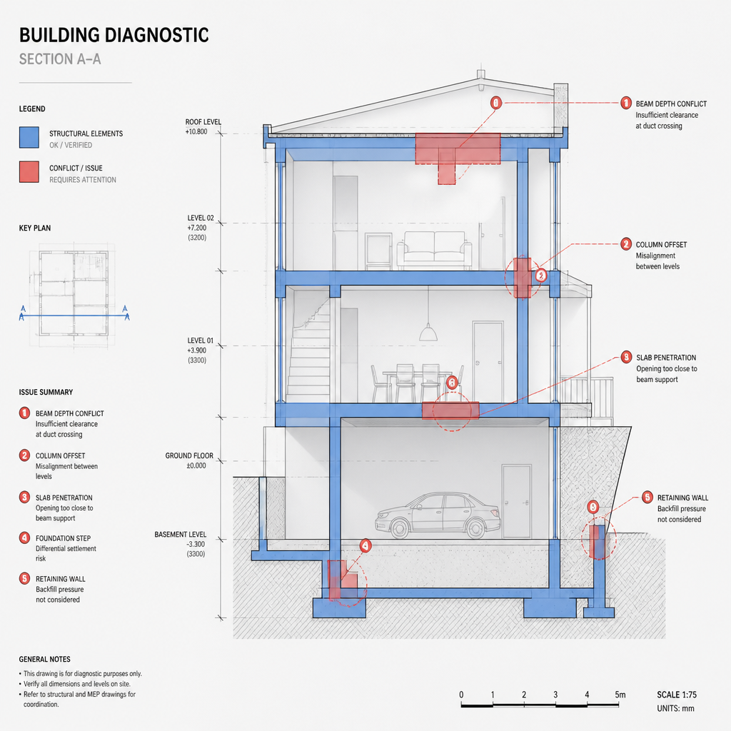 Coupe technique de bâtiment avec zones d'analyse structurelle