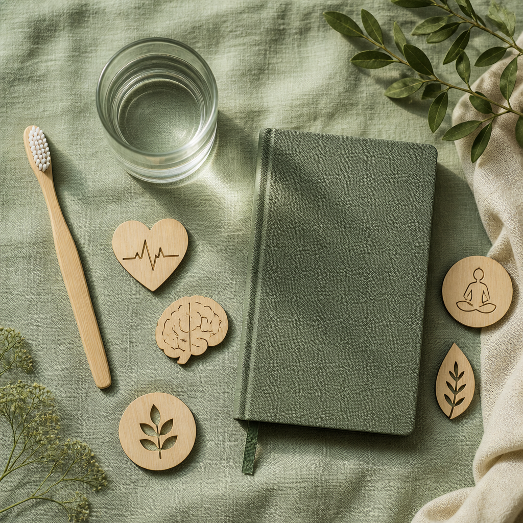 Wellness flat lay with oral care and mental health self-care items arranged on green linen
