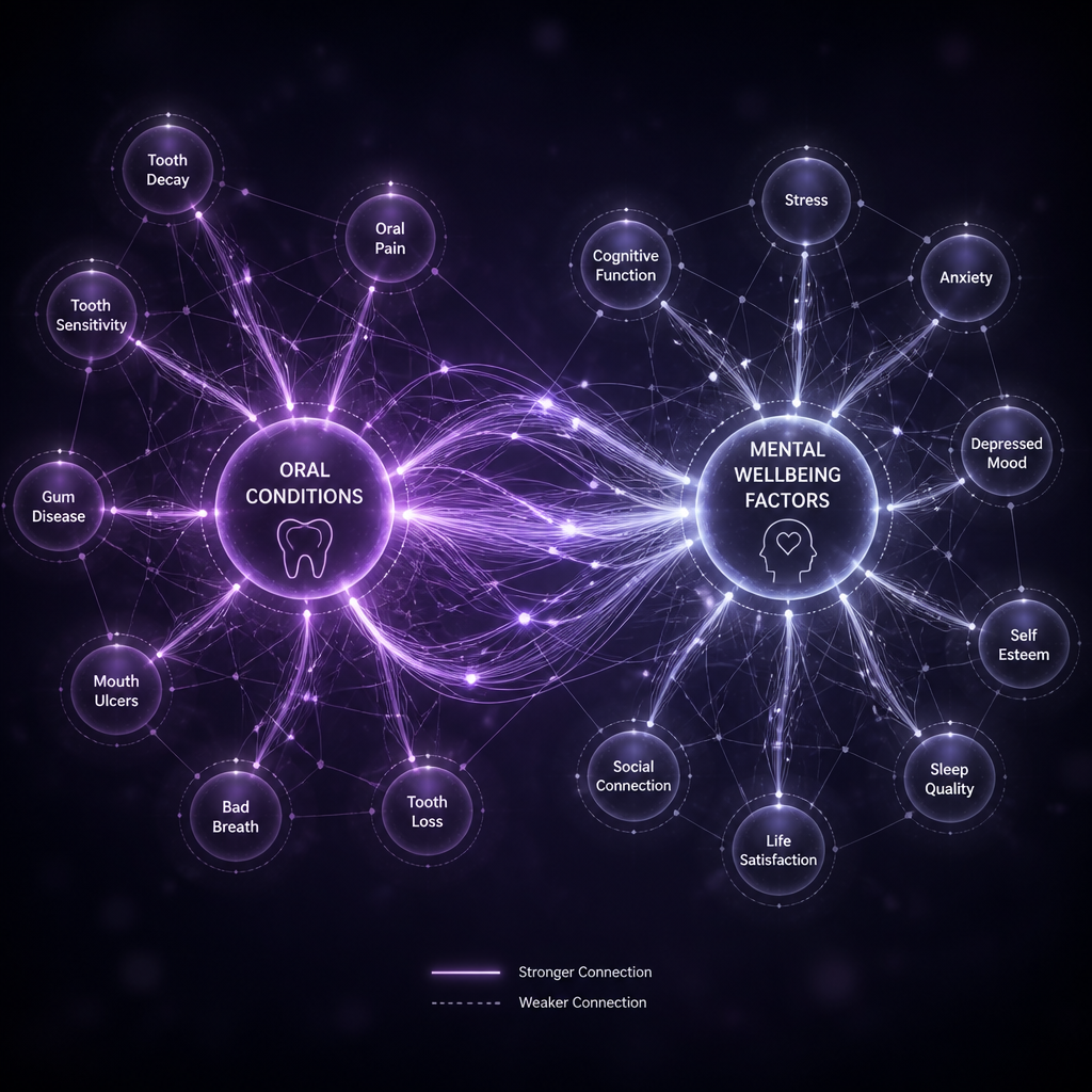 Abstract network visualization depicting connections between oral health and mental wellbeing factors
