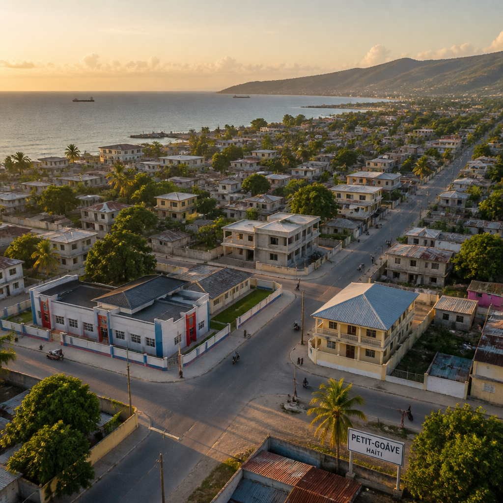 Aerial view of a Haitian coastal community with newly built structures and improved road infrastructure
