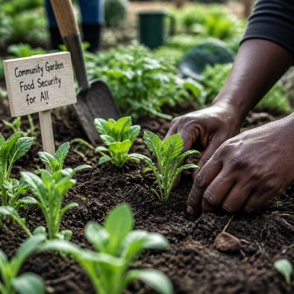 Close-up of seedlings growing in a community garden with cultivated rows and hands tending to plants