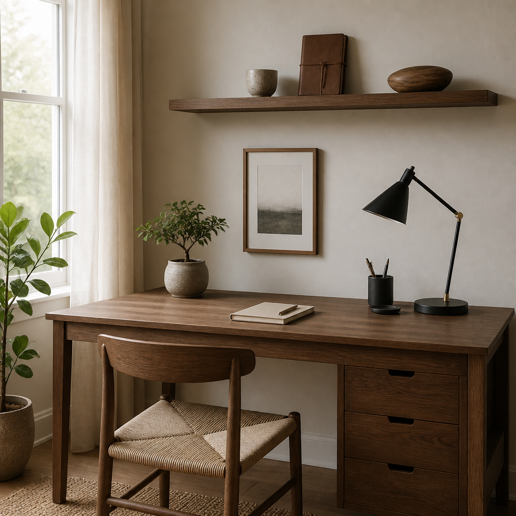 Minimalistisk hemarbetsplats med noggrant utvalda träprodukter och växter