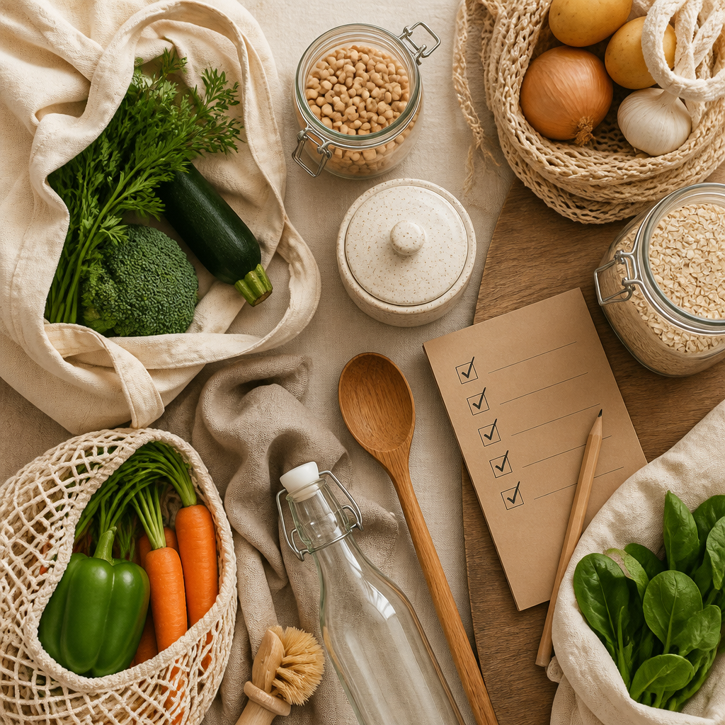 Hållbar shoppingsamling med återanvändbara påsar och naturliga produkter