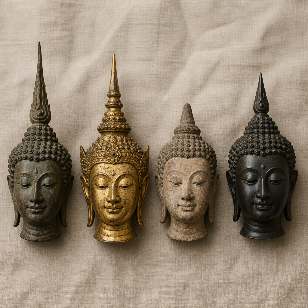 Four Thai Buddha statue heads showcasing regional style differences from Sukhothai, Ayutthaya, Chiang Saen, and Rattanakosin periods