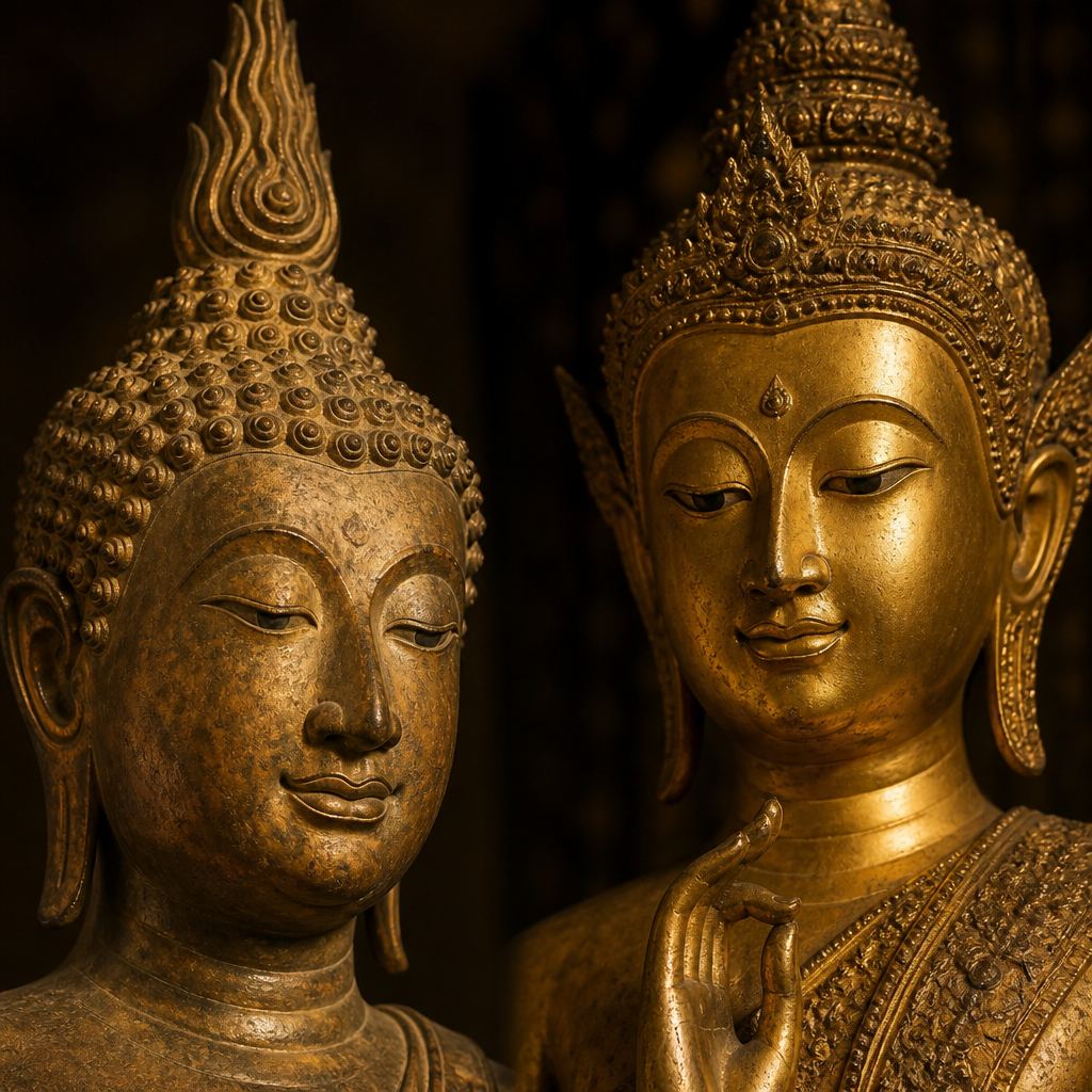 Detailed comparison of Sukhothai and Rattanakosin Buddha statue faces showing distinct stylistic features