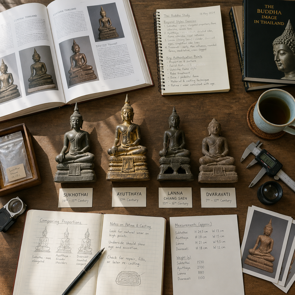 Collector's research desk with multiple Thai Buddha statues and reference materials for regional style comparison