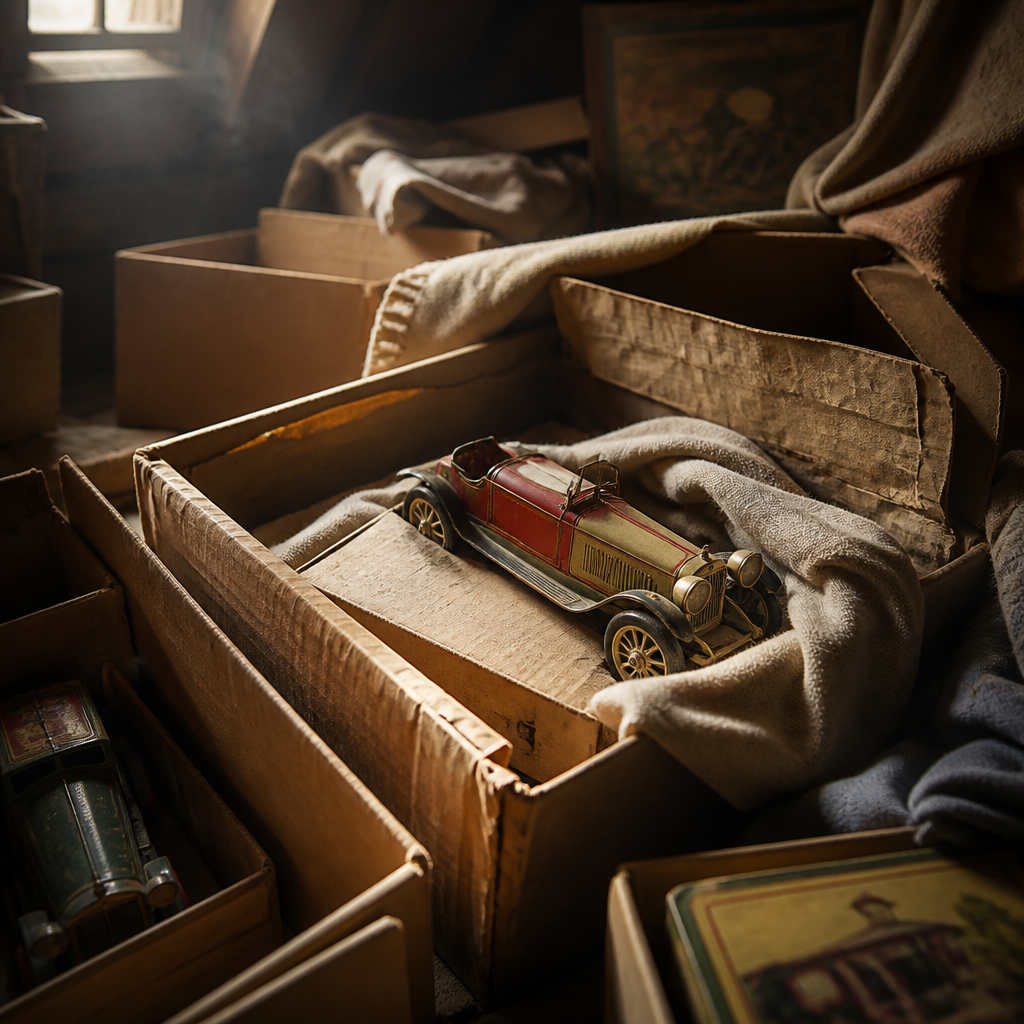 Geerbtes Antikspielzeug in originalen Kartons und Verpackungen aus der Erbschaft